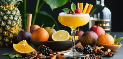 An elegant wine cocktail garnished with fresh fruits and spices, exemplifying a blend of exotic and global flavors.