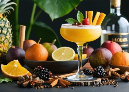 An elegant wine cocktail garnished with fresh fruits and spices, exemplifying a blend of exotic and global flavors.