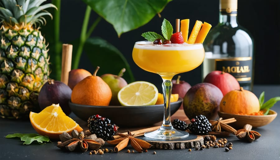 An elegant wine cocktail garnished with fresh fruits and spices, exemplifying a blend of exotic and global flavors.