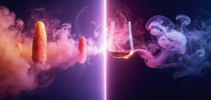 Conceptual illustration of taste buds under a microscope next to swirling vapor particles, depicting the interaction between vaping and wine tasting.