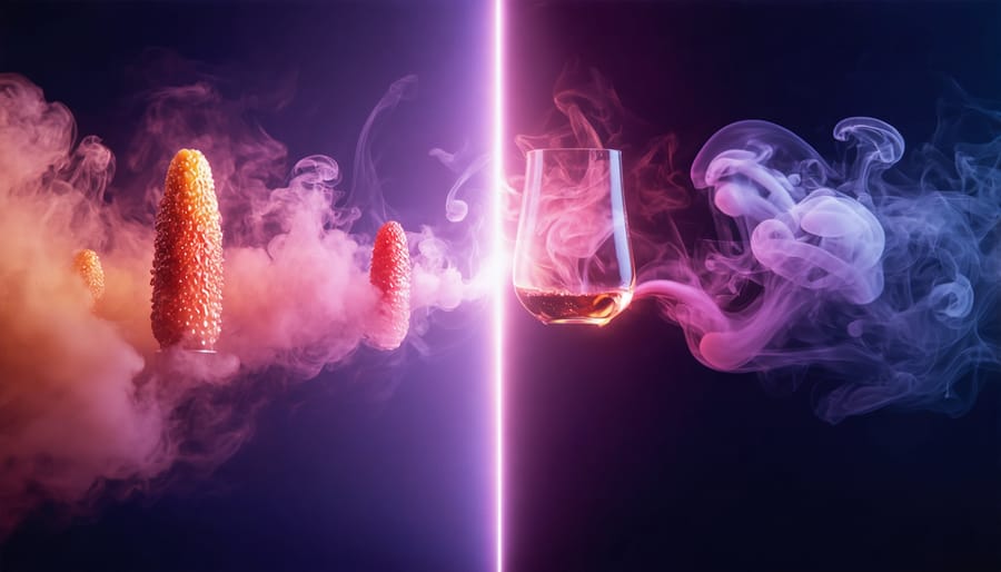 Conceptual illustration of taste buds under a microscope next to swirling vapor particles, depicting the interaction between vaping and wine tasting.