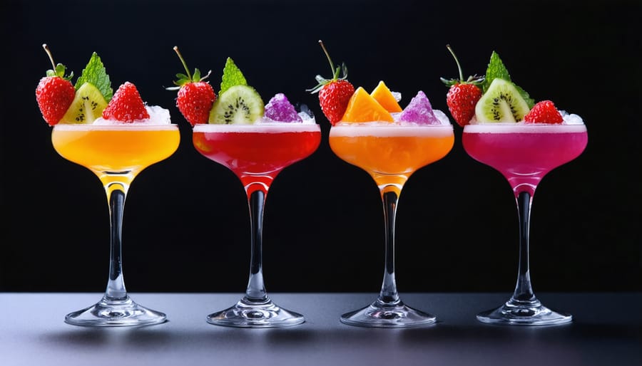 An exotic wine cocktail in elegant glassware with fresh garnishes.