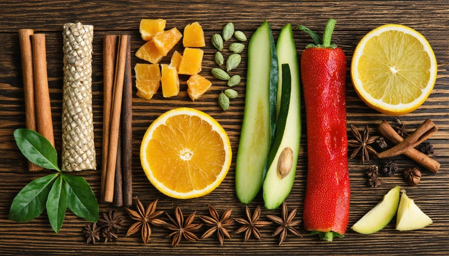 Assorted exotic spices, fruits, and herbs for crafting wine cocktails.