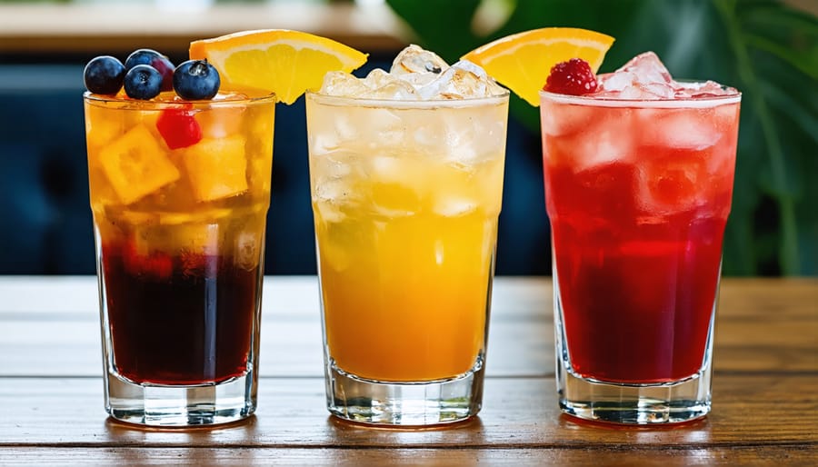 Three exotic wine cocktails with varied ingredients and colors on a wooden table.