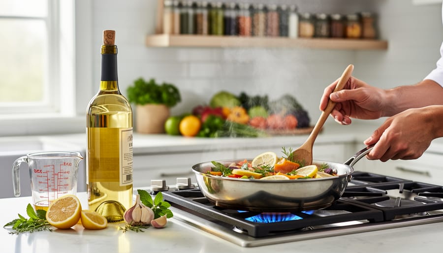Chef’s hand and white wine bottle near a saucepan with lemon wedges and aromatic ingredients on a kitchen cutting board.