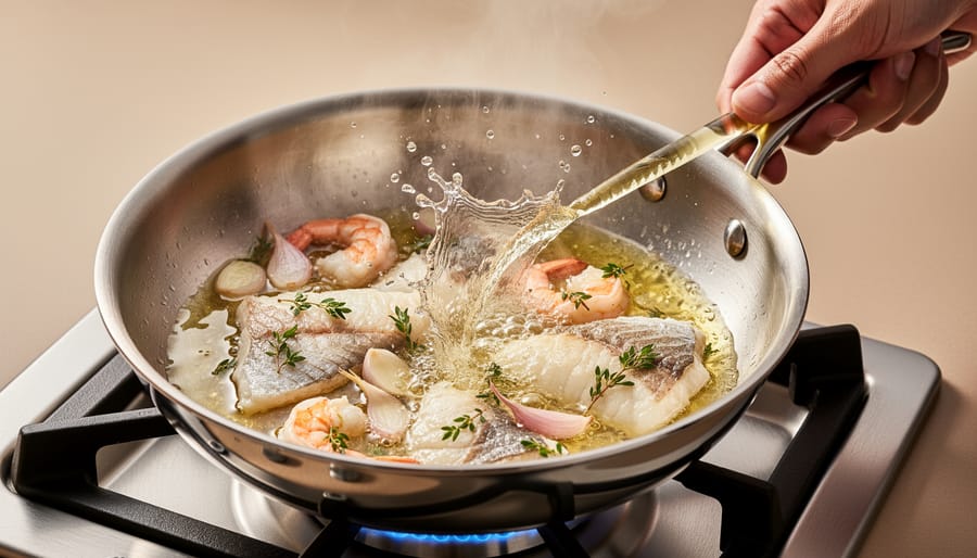 Simmering skillet pan sauce beside seafood fillets and a lemon on a wooden board.