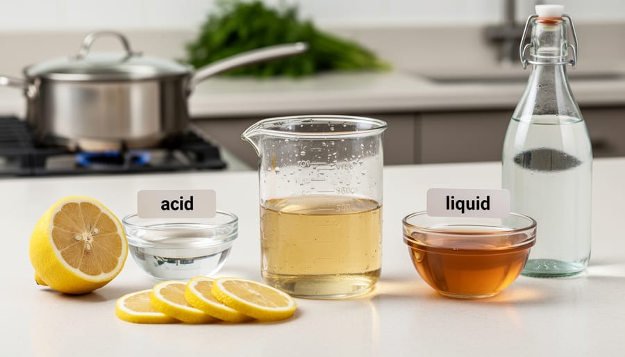 White wine vinegar and broth in bowls with a whisk and lemon zest on a clean kitchen surface.
