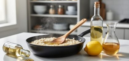 Close-up of a skillet of glossy risotto with white wine vinegar, lemon, and broth on the kitchen counter, representing substitutes when white wine isn’t available.