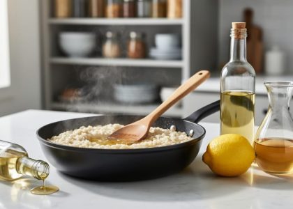Close-up of a skillet of glossy risotto with white wine vinegar, lemon, and broth on the kitchen counter, representing substitutes when white wine isn’t available.