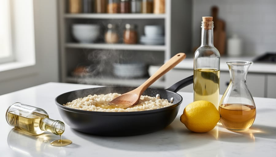 Close-up of a skillet of glossy risotto with white wine vinegar, lemon, and broth on the kitchen counter, representing substitutes when white wine isn’t available.