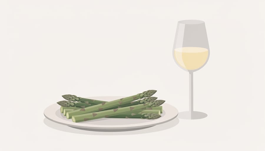 A plate of crisp-tender asparagus with a glass of white wine on a table.