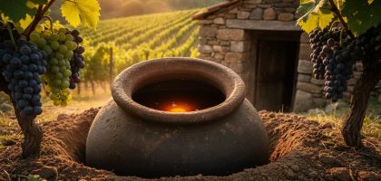 Clay qvevri wine vessel embedded in the earth in a Georgian-style vineyard cellar, with grapevines and grape clusters nearby in golden light.