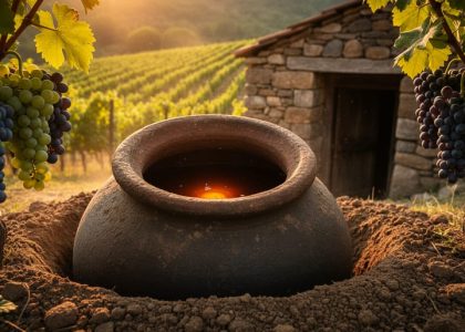 Clay qvevri wine vessel embedded in the earth in a Georgian-style vineyard cellar, with grapevines and grape clusters nearby in golden light.