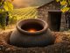 Clay qvevri wine vessel embedded in the earth in a Georgian-style vineyard cellar, with grapevines and grape clusters nearby in golden light.