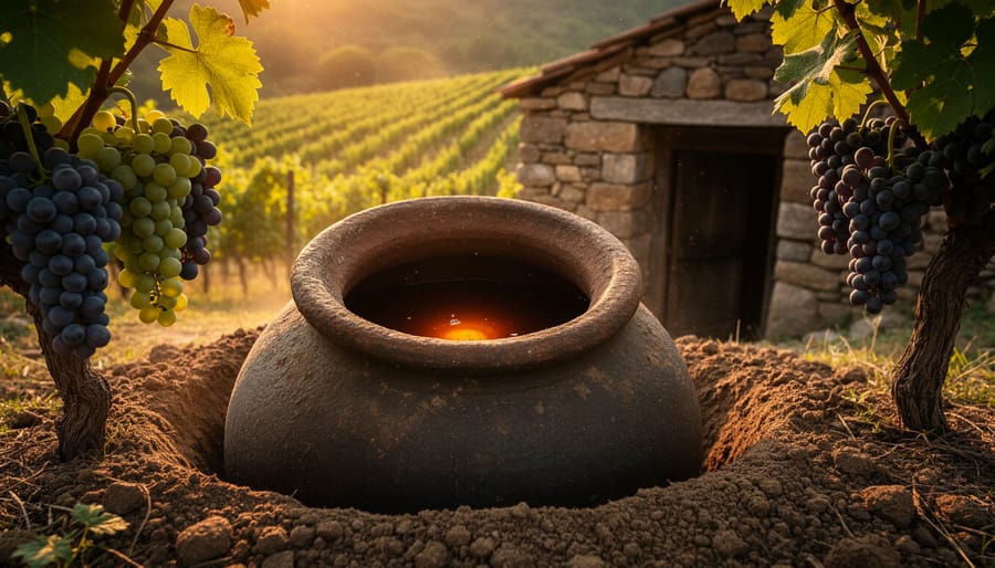 Clay qvevri wine vessel embedded in the earth in a Georgian-style vineyard cellar, with grapevines and grape clusters nearby in golden light.