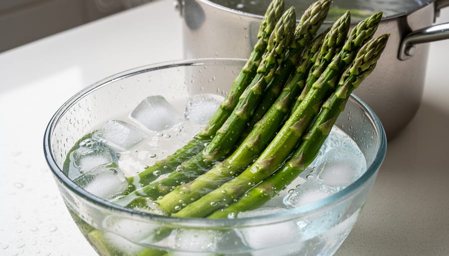 Asparagus spears being placed into ice water with visible ice cubes and condensation.