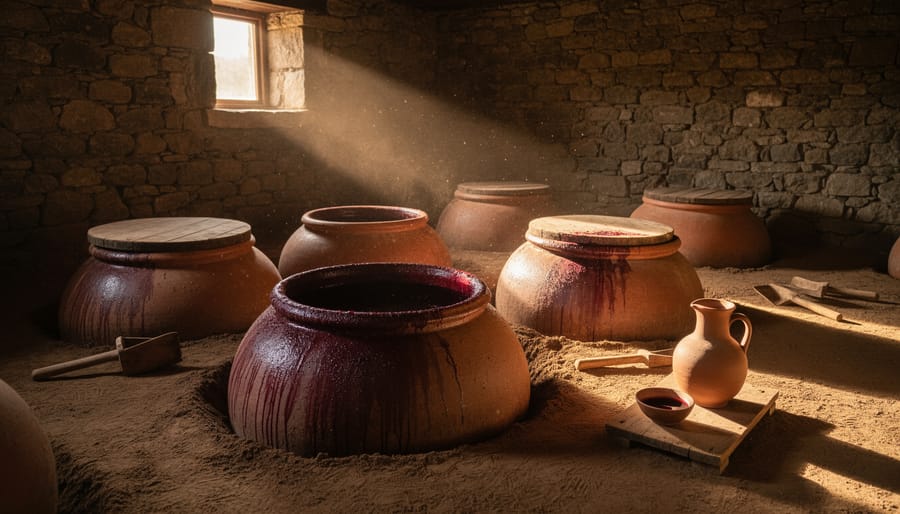 Clay qvevri fermentation vessels in an underground cellar-like space with natural earthen surroundings