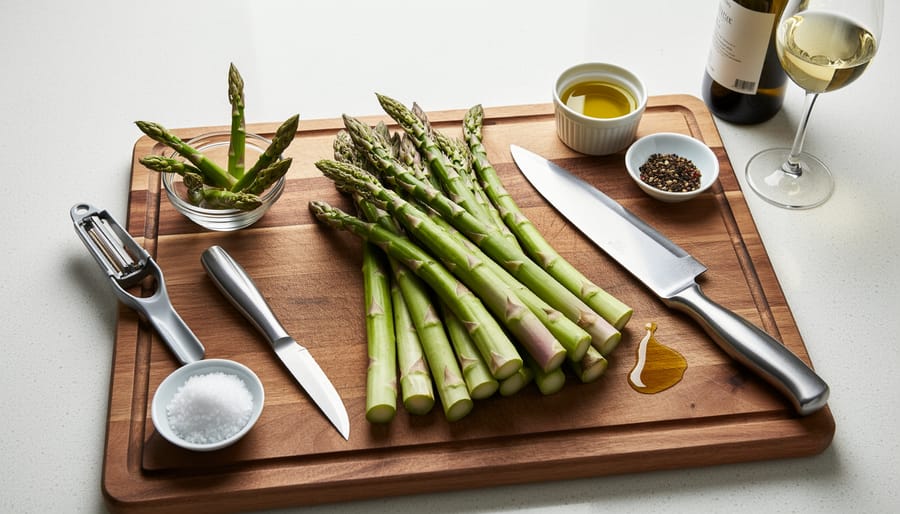 Fresh asparagus spears, a chef’s knife, and a vegetable peeler arranged on a cutting board in soft daylight.