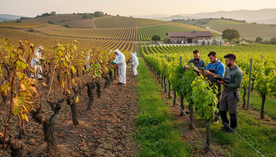 Grape vines with mottled, curled leaves in a vineyard during golden hour light