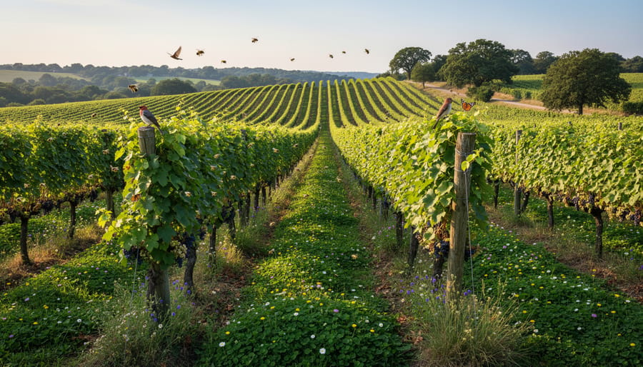 Healthy grapevines with cover crops and flowering plants in a vineyard row