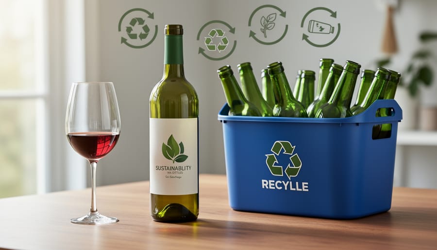 Person holding a wine bottle near a recycling bin and glass on a kitchen counter