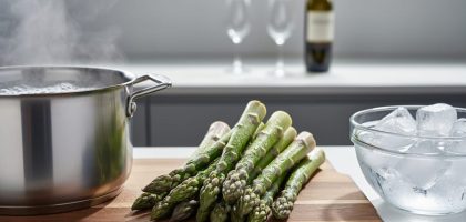 “Fresh green asparagus spears on a cutting board next to a pot of boiling salted water and a bowl of ice water, with wine glasses softly blurred in the background.”