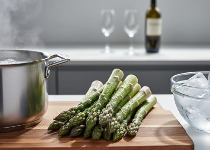 “Fresh green asparagus spears on a cutting board next to a pot of boiling salted water and a bowl of ice water, with wine glasses softly blurred in the background.”