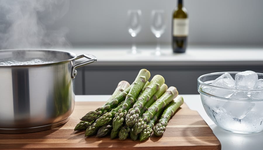 “Fresh green asparagus spears on a cutting board next to a pot of boiling salted water and a bowl of ice water, with wine glasses softly blurred in the background.”