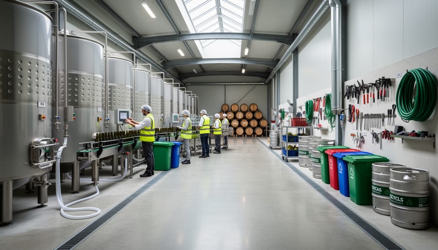 Stainless fermentation tanks in a modern winery with recycling items in the background