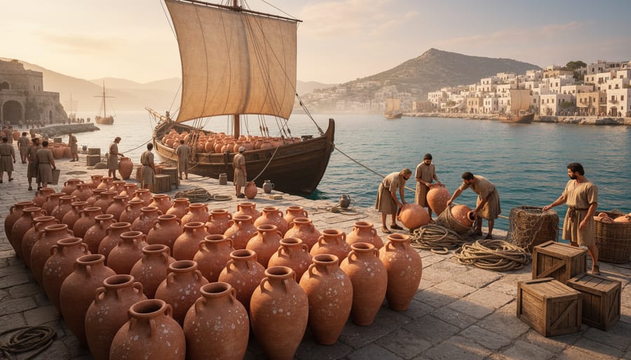 Terracotta amphora jars stored in a dim stone room with side lighting and visible clay texture