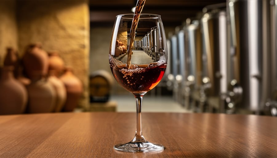 Wine bottle and two glasses on a tasting table with softly blurred oak barrels in the background