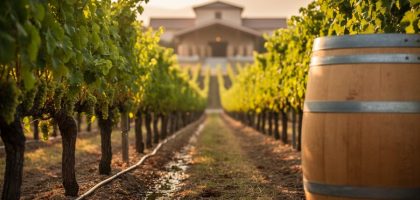 Sunlit vineyard rows with healthy grapevines, drip irrigation near the soil, and a wooden wine barrel, representing sustainable winemaking practices.