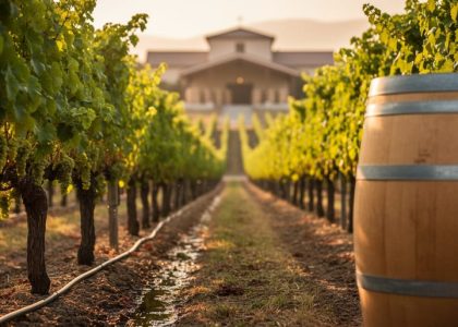 Sunlit vineyard rows with healthy grapevines, drip irrigation near the soil, and a wooden wine barrel, representing sustainable winemaking practices.