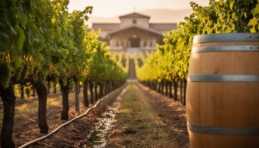 Sunlit vineyard rows with healthy grapevines, drip irrigation near the soil, and a wooden wine barrel, representing sustainable winemaking practices.