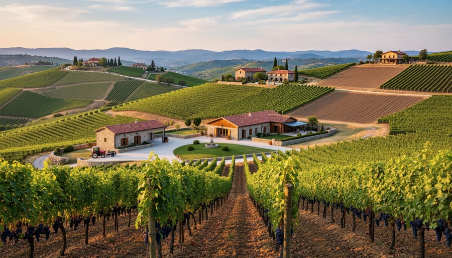 Golden-hour view of a small vineyard with vine rows and a modest stone winery in the background