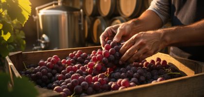 A winemaker’s hands hand-sorting grape clusters in a boutique winery, with wooden barrels and a stainless tank softly blurred in the background.
