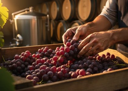 A winemaker’s hands hand-sorting grape clusters in a boutique winery, with wooden barrels and a stainless tank softly blurred in the background.