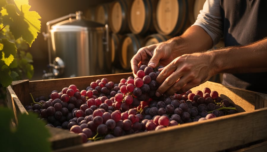 A winemaker’s hands hand-sorting grape clusters in a boutique winery, with wooden barrels and a stainless tank softly blurred in the background.