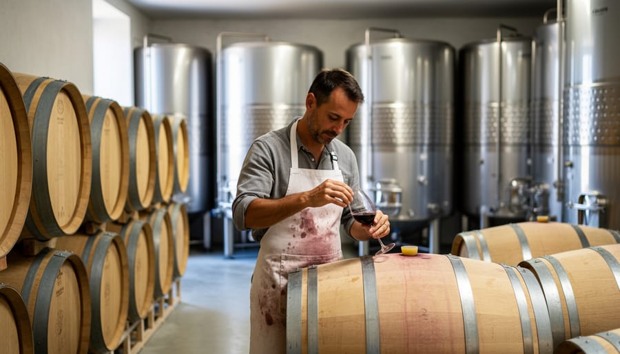 Boutique winemaker tasting and pouring wine beside stainless tanks and oak barrels in a cellar
