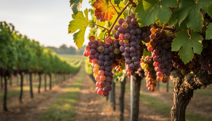 Close-up of harvested grape clusters in a basket with blurred vineyard rows in the background