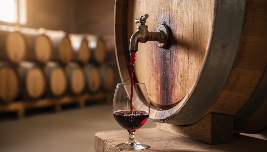 Oak barrel and glass beaker receiving a small stream of wine in a cellar