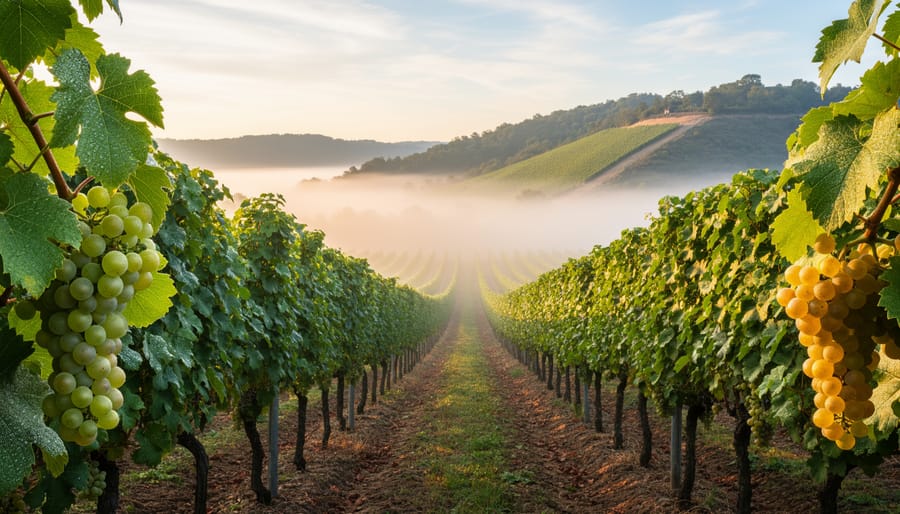 Vineyard rows in morning mist with sunlight illuminating grape clusters and leaves