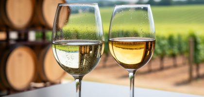 Close-up of pale-gold white wine in two glasses with soft daylight highlights and a blurred winery background.