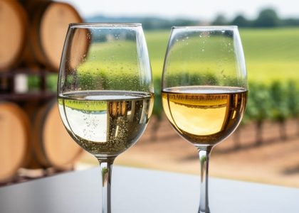 Close-up of pale-gold white wine in two glasses with soft daylight highlights and a blurred winery background.