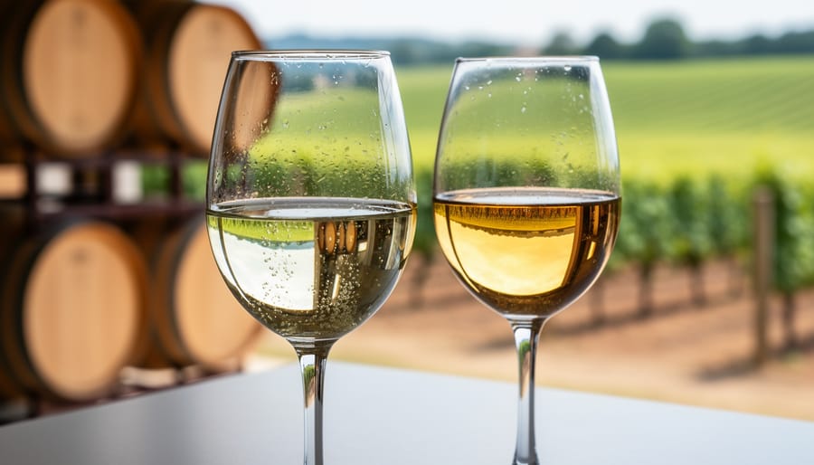 Close-up of pale-gold white wine in two glasses with soft daylight highlights and a blurred winery background.