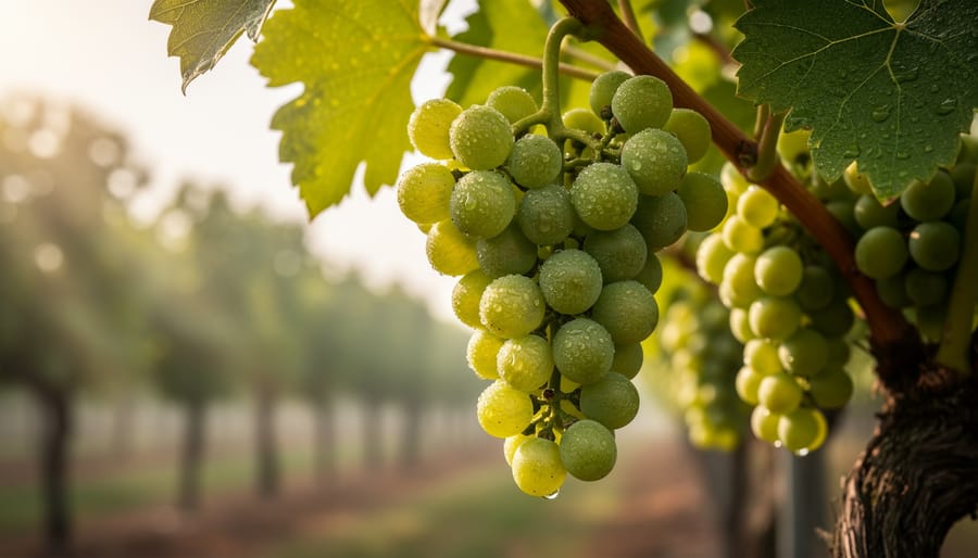 Macro close-up of green grapes held in a hand with a blurred vineyard background