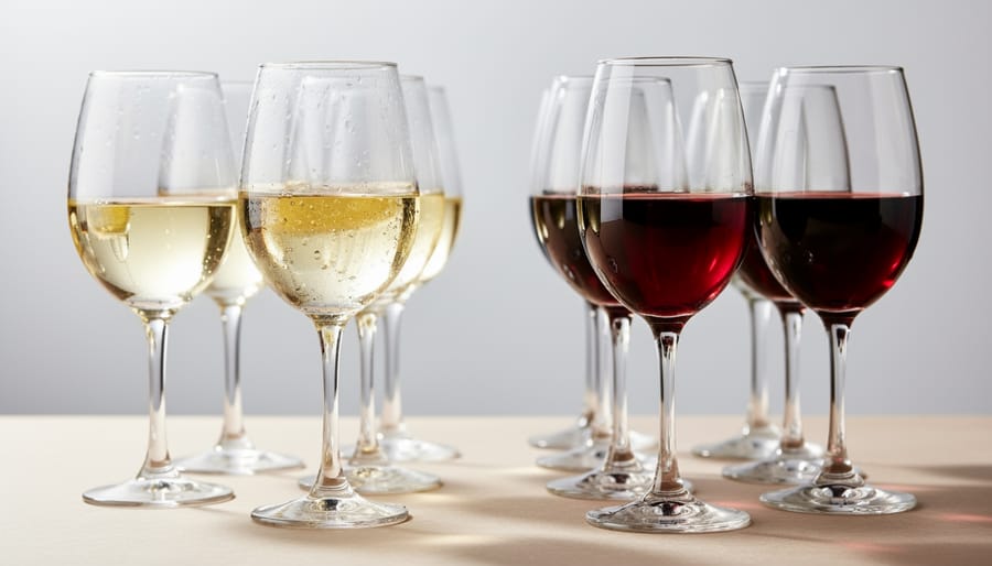 Two wine glasses with pale gold and light ruby wine on a tasting table under soft window light