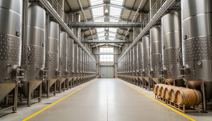Stainless steel fermentation tanks inside a modern commercial winery facility