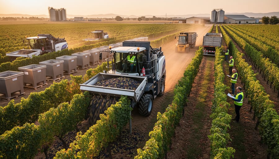 Mechanical grape harvester collecting grapes in a vineyard at golden hour