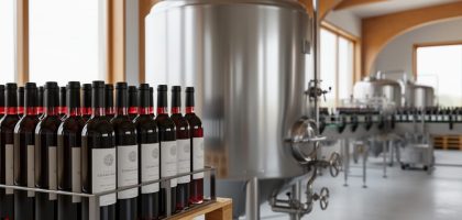 Stainless-steel fermentation tank and rows of commercial wine bottles in a modern winery under soft light.